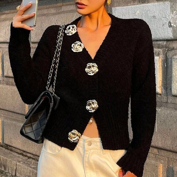 Black Casual Women's V-Neck Rose Button-Up knit sweater Cardigan - Picture 5 of 7